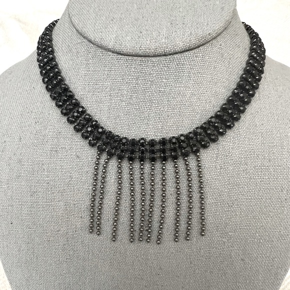 NWOT Black Rhinestone Crystal Bib Choker Collar Gunmetal Necklace - Picture 1 of 5